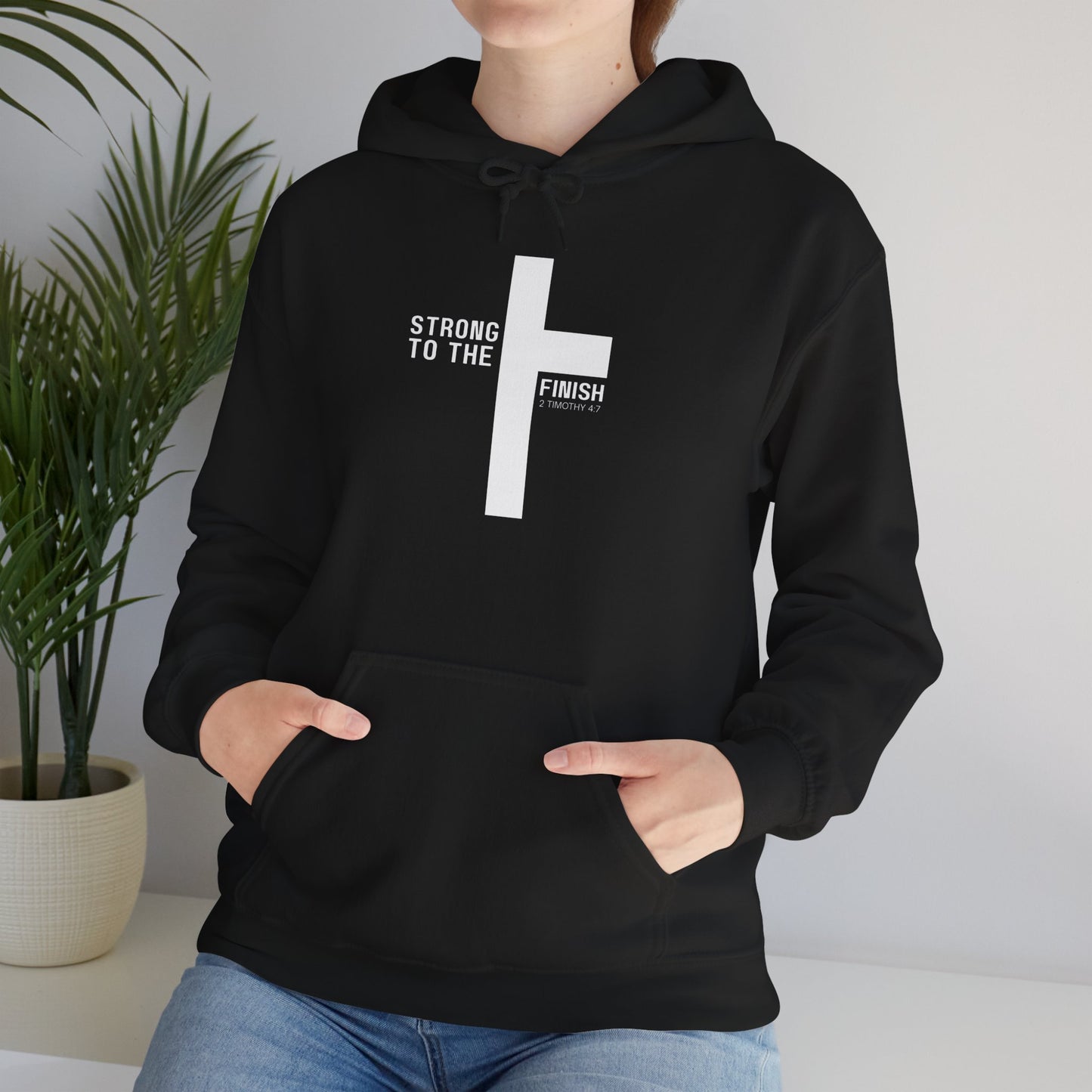 Christian Hoodie — "Strong To The Finish" Cross Design (2 Timothy 4:7)