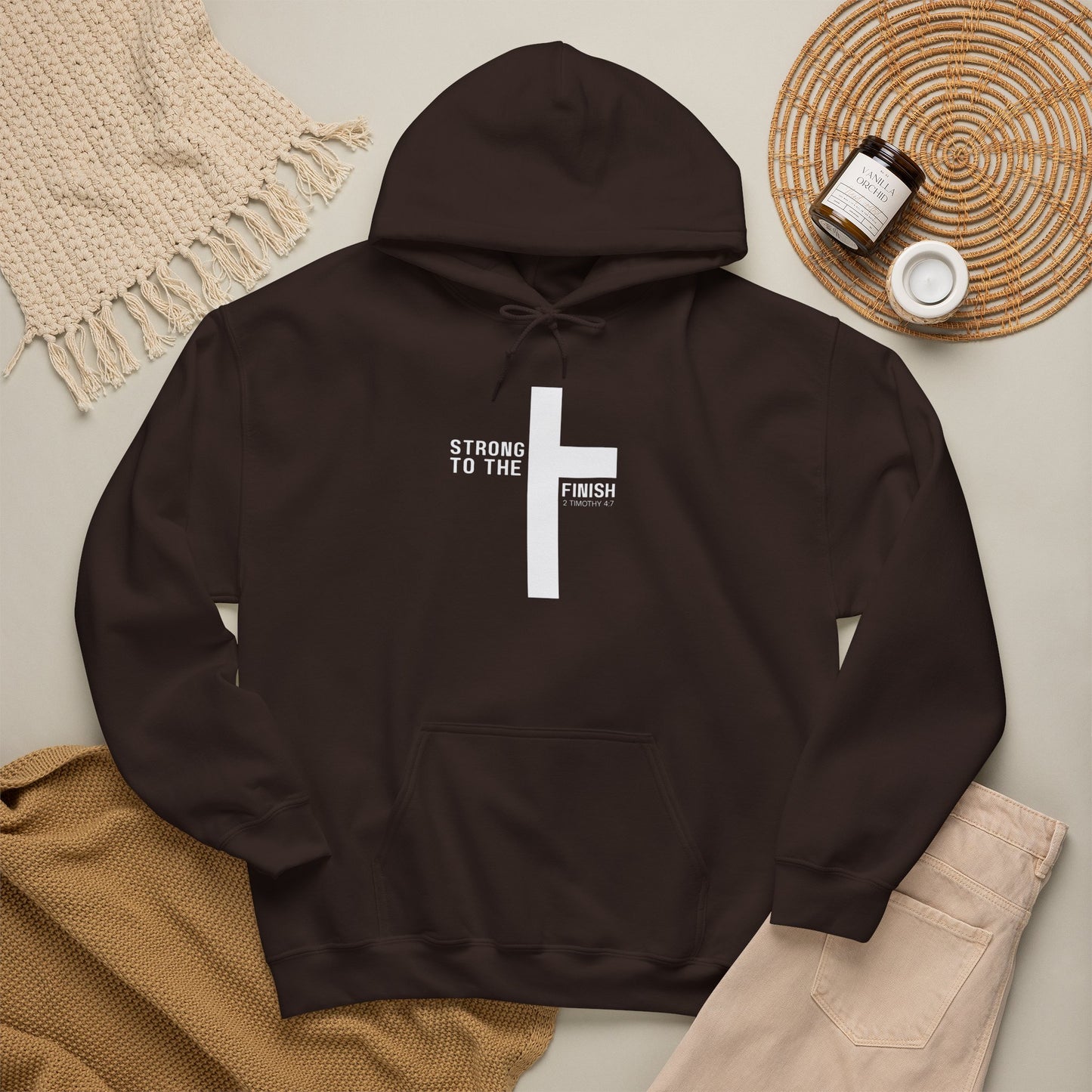 Christian Hoodie — "Strong To The Finish" Cross Design (2 Timothy 4:7)