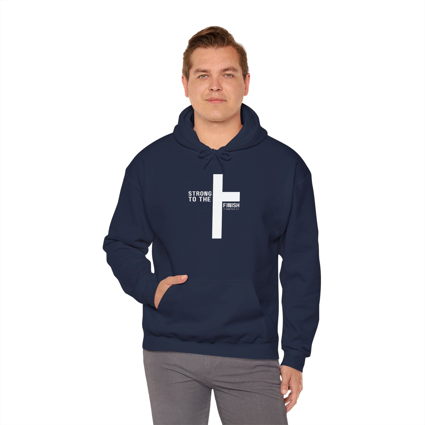 Christian Hoodie — "Strong To The Finish" Cross Design (2 Timothy 4:7)
